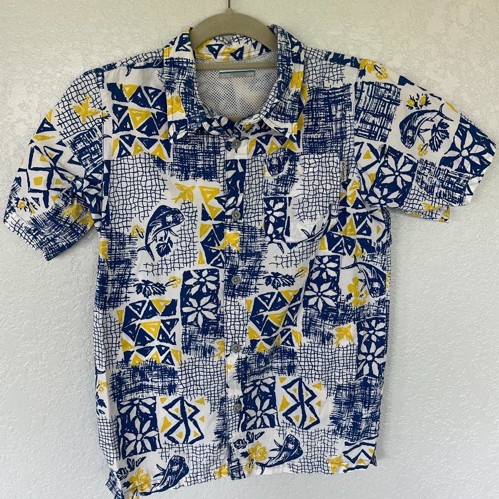 Columbia Beach Blue & Yellow Button Up. Boys L. EUC.